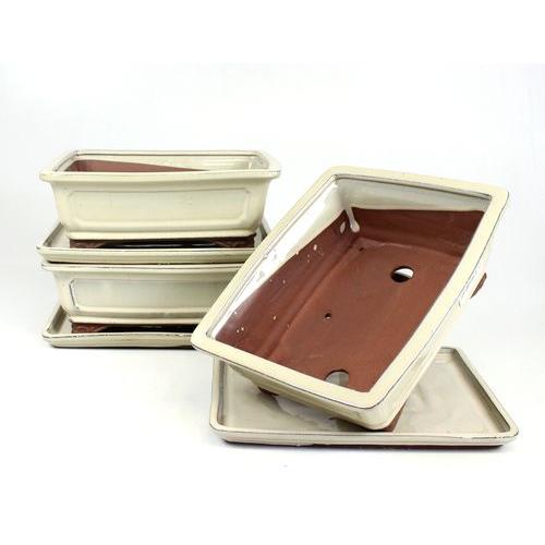 Vaso bonsai rettangolare 25 cm con piattino color crema