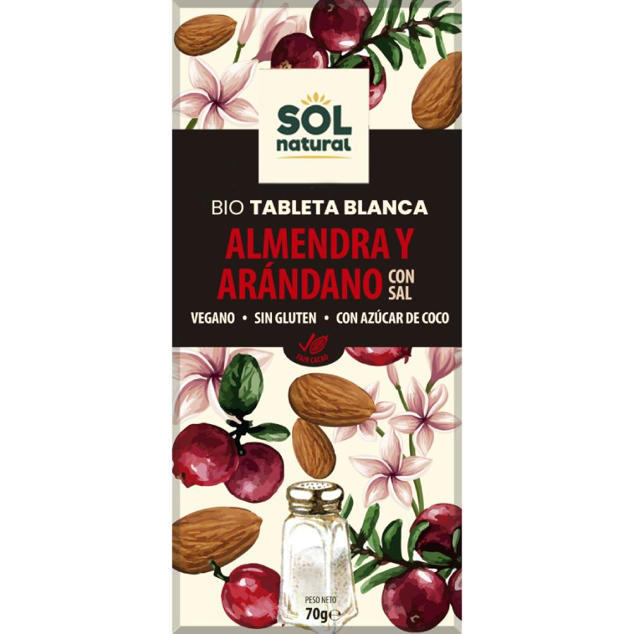 Bio-weiße vegane Schokoladentafel mit Mandeln und Cranberrys, Sol Natural, 70 g