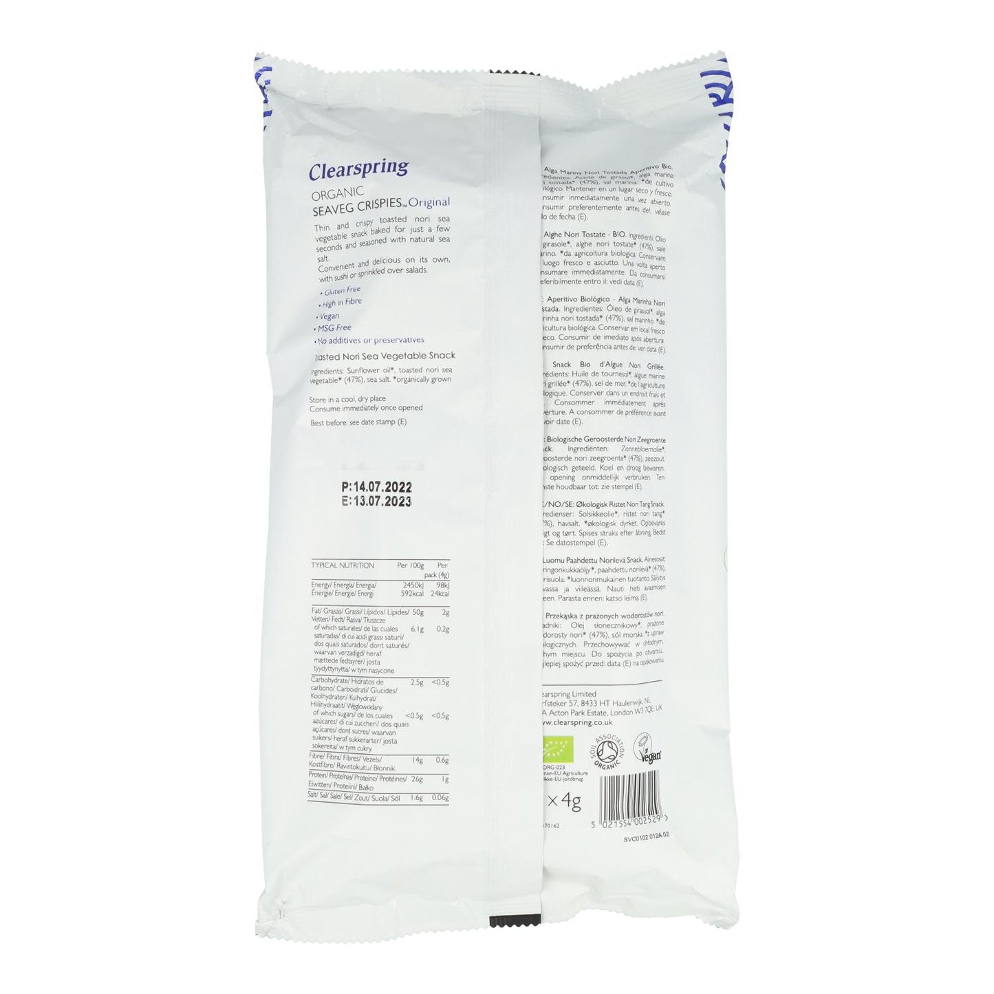 Confezione da 5 snack biologici di alga nori tostata biologica Clearspring 4 g