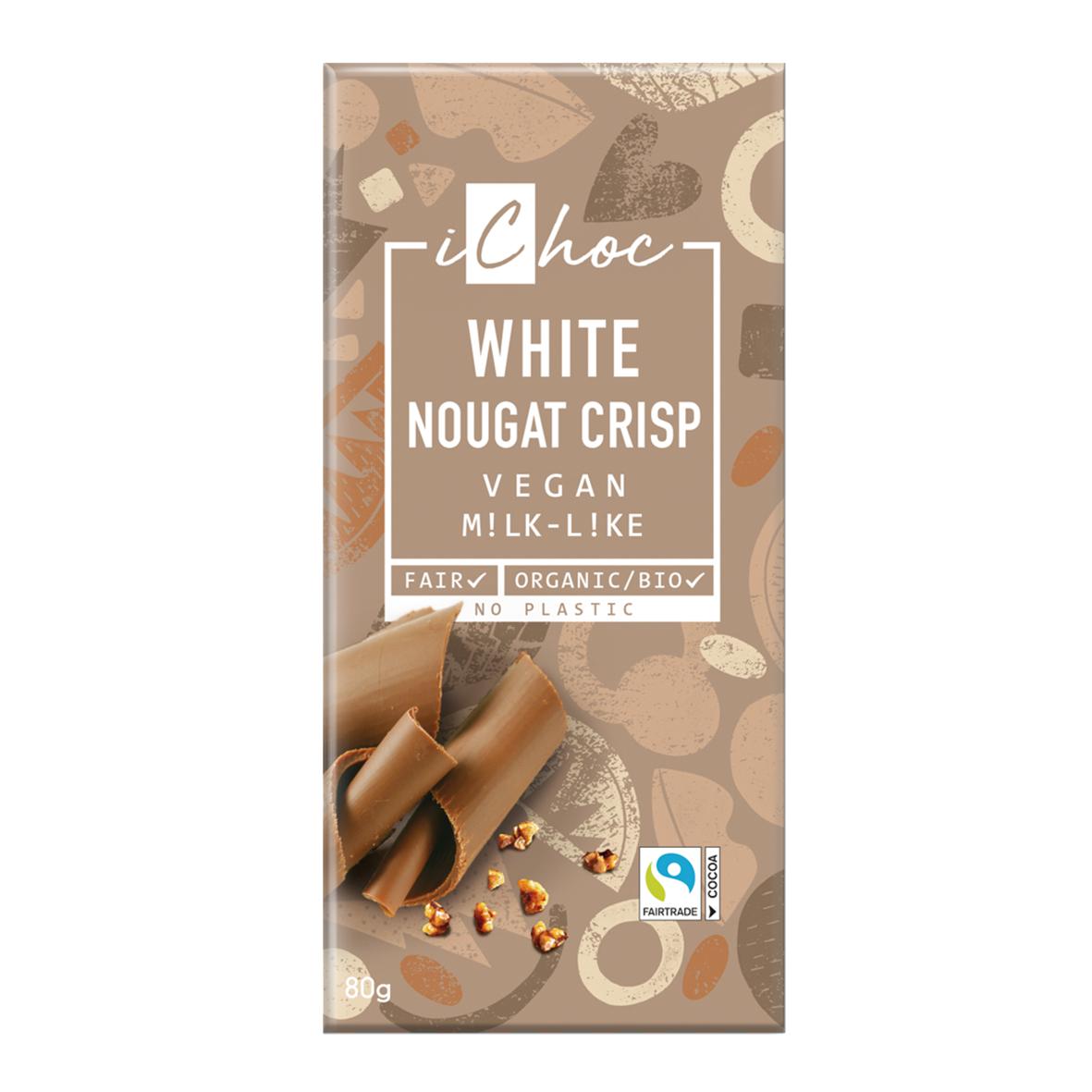 Chocolat blanc végétalien avec praliné et croquant aux noisettes ichoc 80 g
