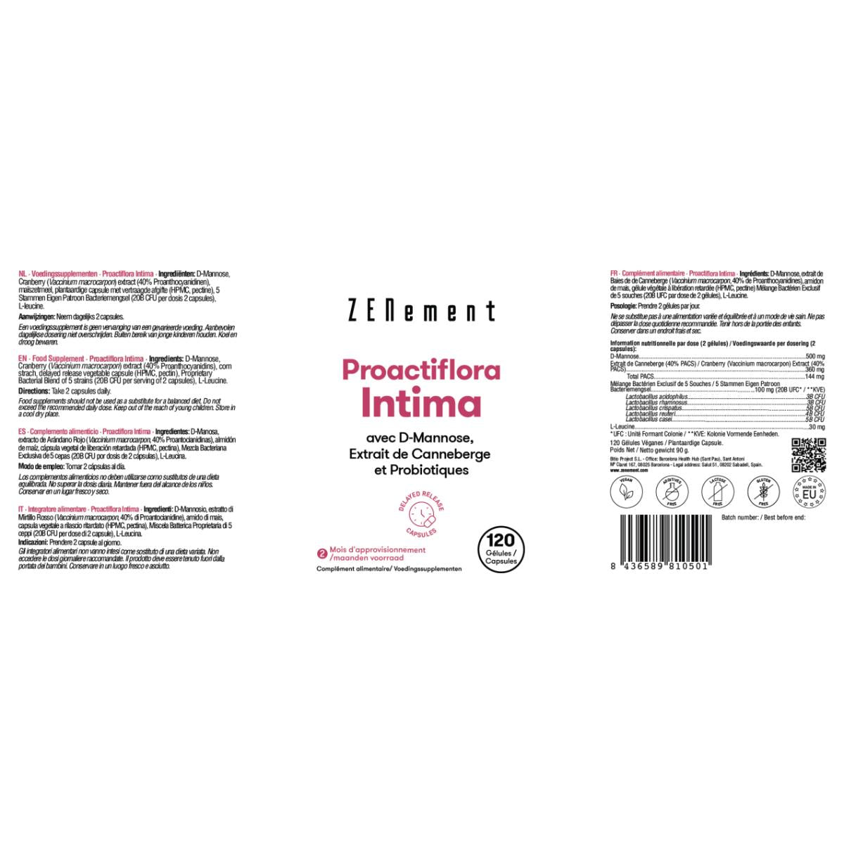 Proactiflora Intima met D-mannose, rode bosbessenextract en probiotica Zenement, 120 tabletten
