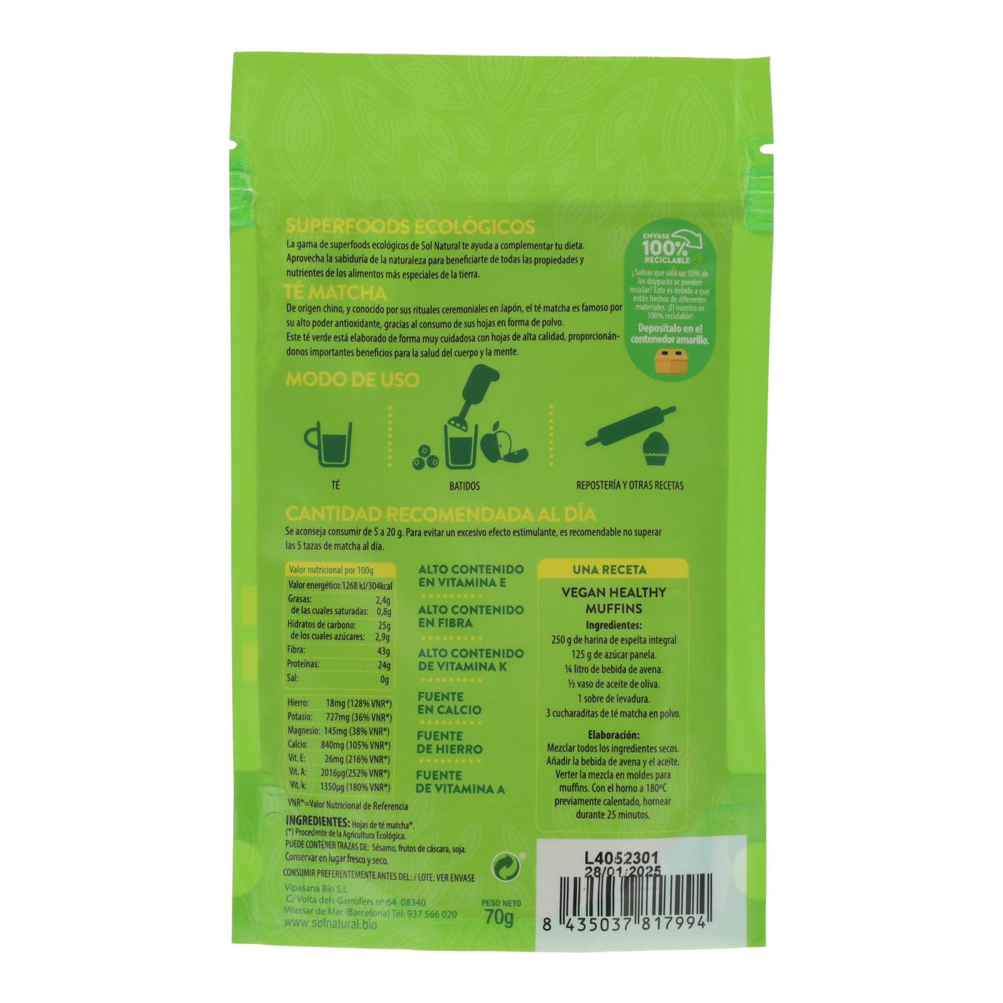 Sol Natural Matcha Tea Powder 70 g
