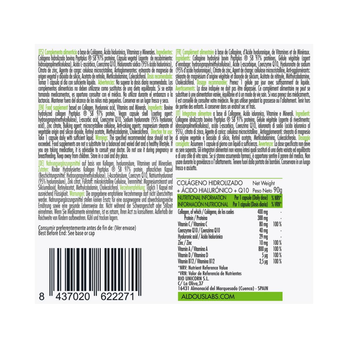 Collagene idrolizzato + acido ialuronico + coenzima Q10 + vitamine + zinco, 120 capsule Aldous Labs