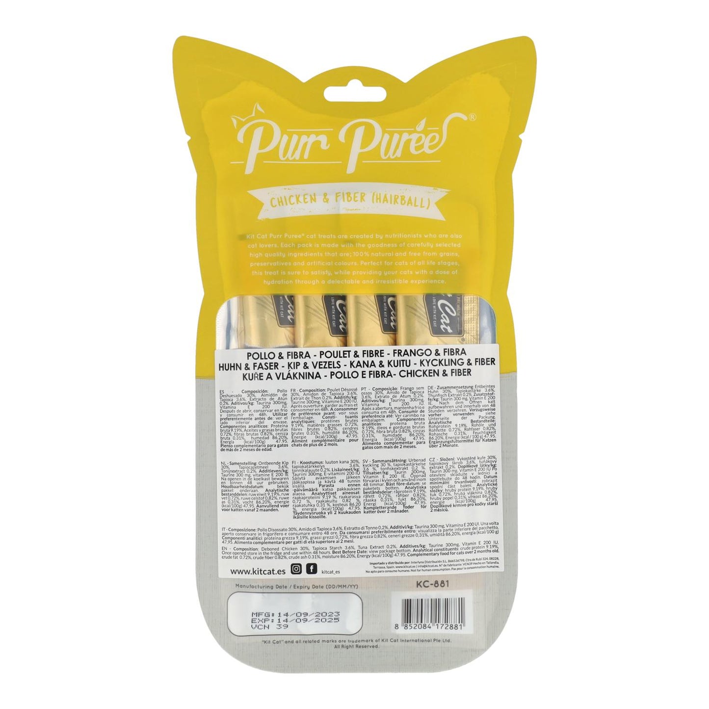 Kit Cat PurrPuree – Huhn und Ballaststoffe 60 g Cremiger Snack für Katzen