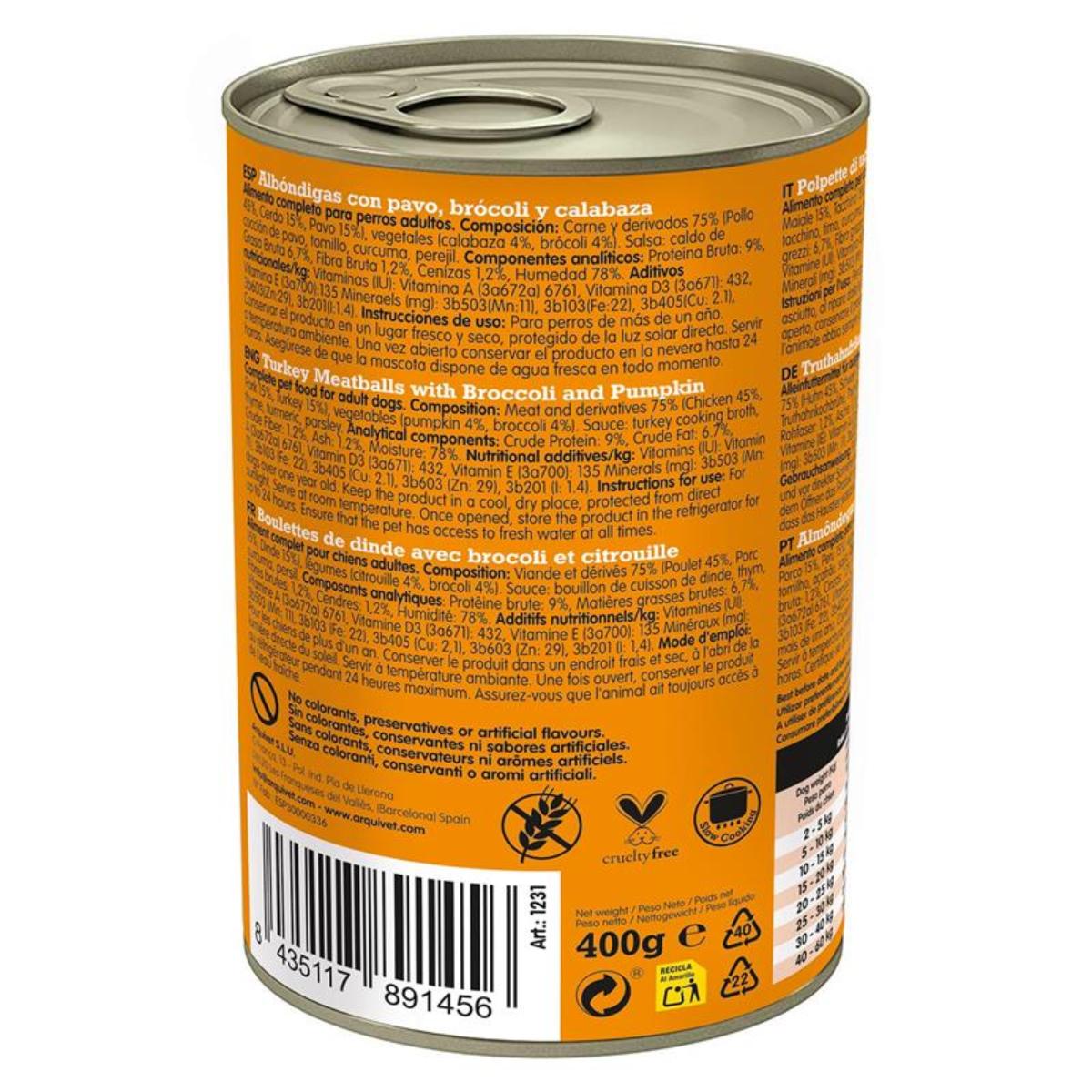 Frische Truthahnfleischbällchen Arquivet 400 g Nassfutter für Hunde mit Truthahn, Brokkoli und Kürbis