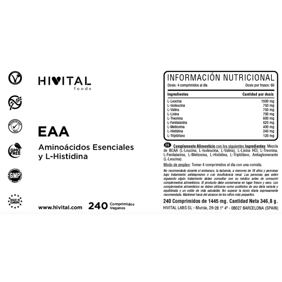 Hivital Essential Amino Acids (EAA) 240 vegan tablets