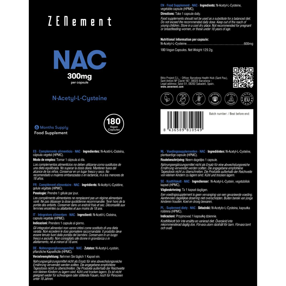 NAC N-Acetylcysteïne, 600 mg Zenement, 180 veganistische tabletten NAC 600 mg