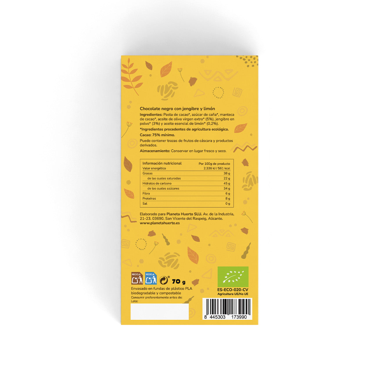 Zwarte chocoladereep 75% met gember en citroen ECO Planeta Huerto 70 g
