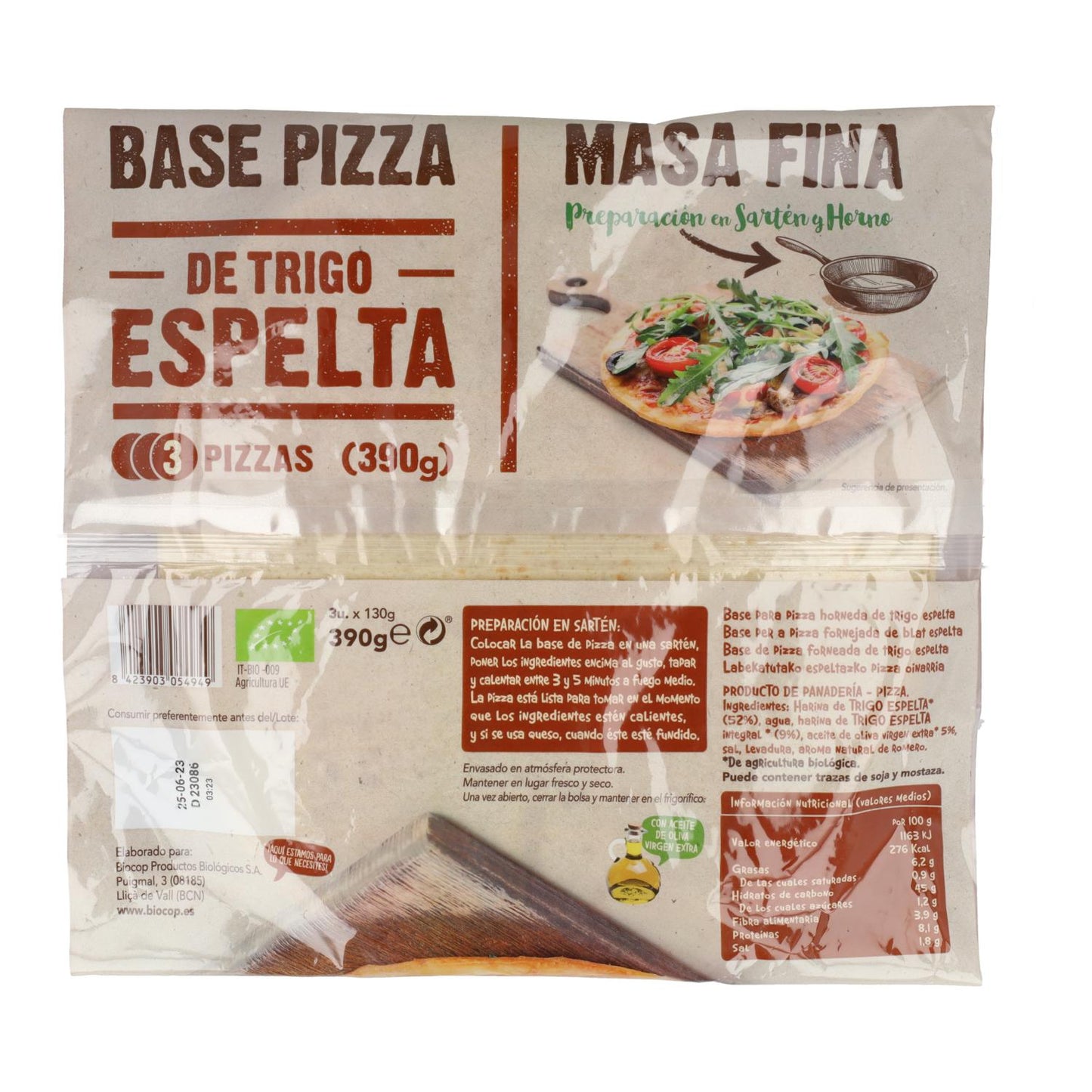 Pizzaboden aus Dinkel, dünner Teig Biocop (3 Böden) 390 g
