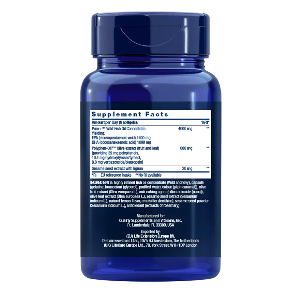 Super Omega-3 EPA/DHA Fish Oil Sesame Lignans & Olive Extract, Life Extension 240 softgels