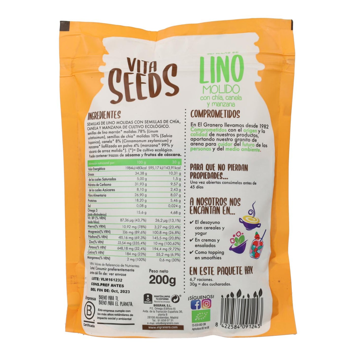 Vitaseeds Bio-Leinsamen, Chiasamen, Apfelsamen und Zimtsamen, 200 g
