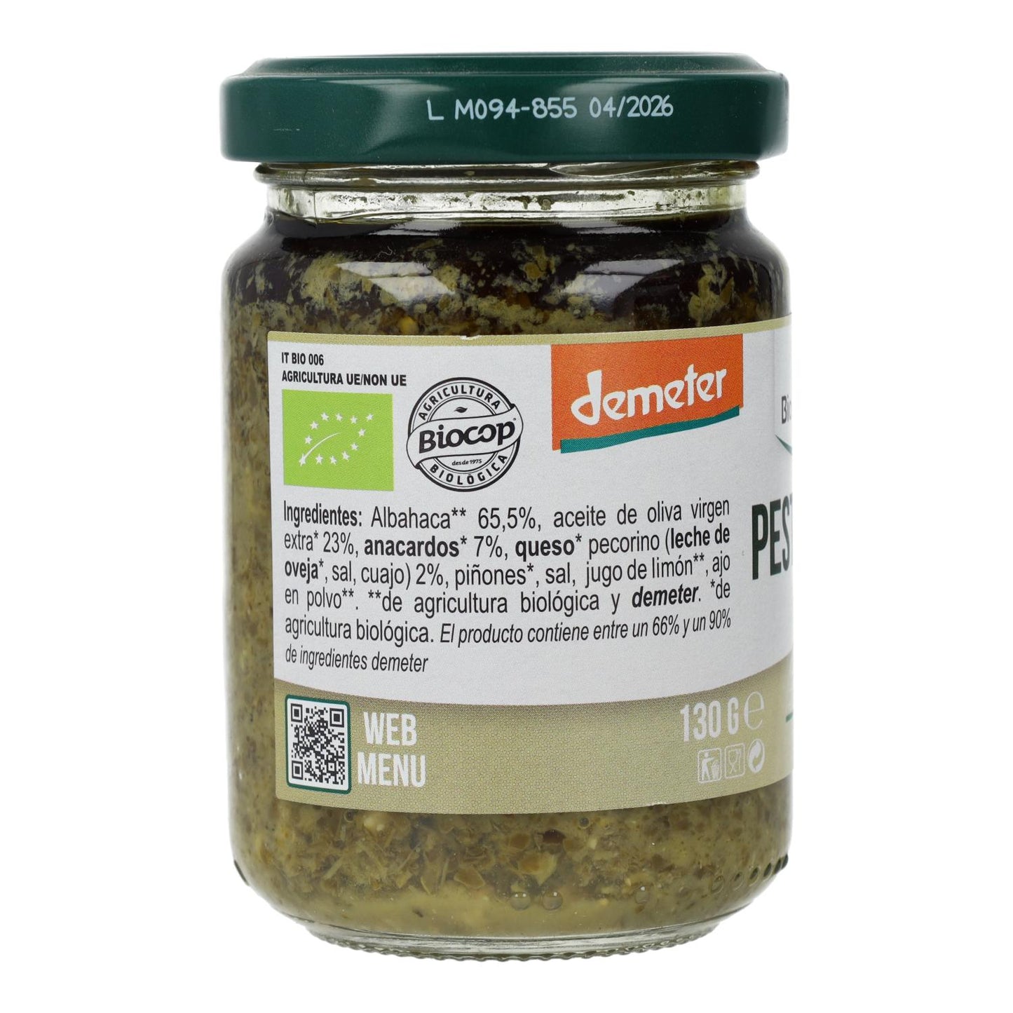 Grön basilika-pesto med pecorino och cashewnötter Bio Demeter Organica Italia 130 g