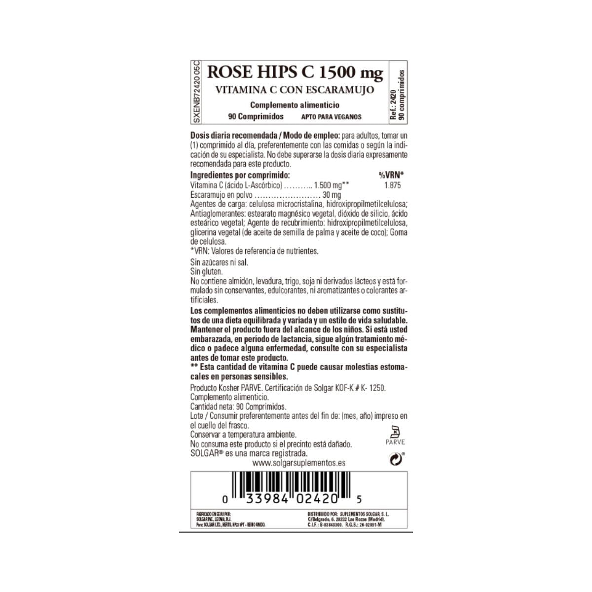 Rose Hips Vitamina C con rosa canina 1500 mg, 90 compresse.