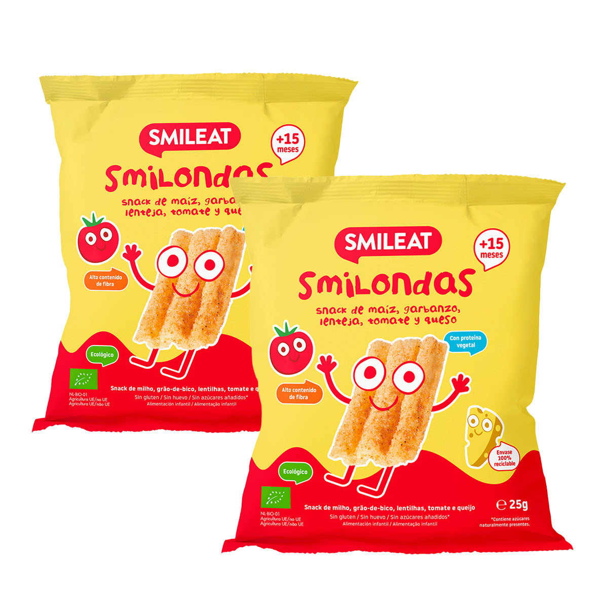 Confezione da 2 Smilondas Snack di mais, ceci, lenticchie, pomodoro e formaggio Eco, Smileat, 25 g