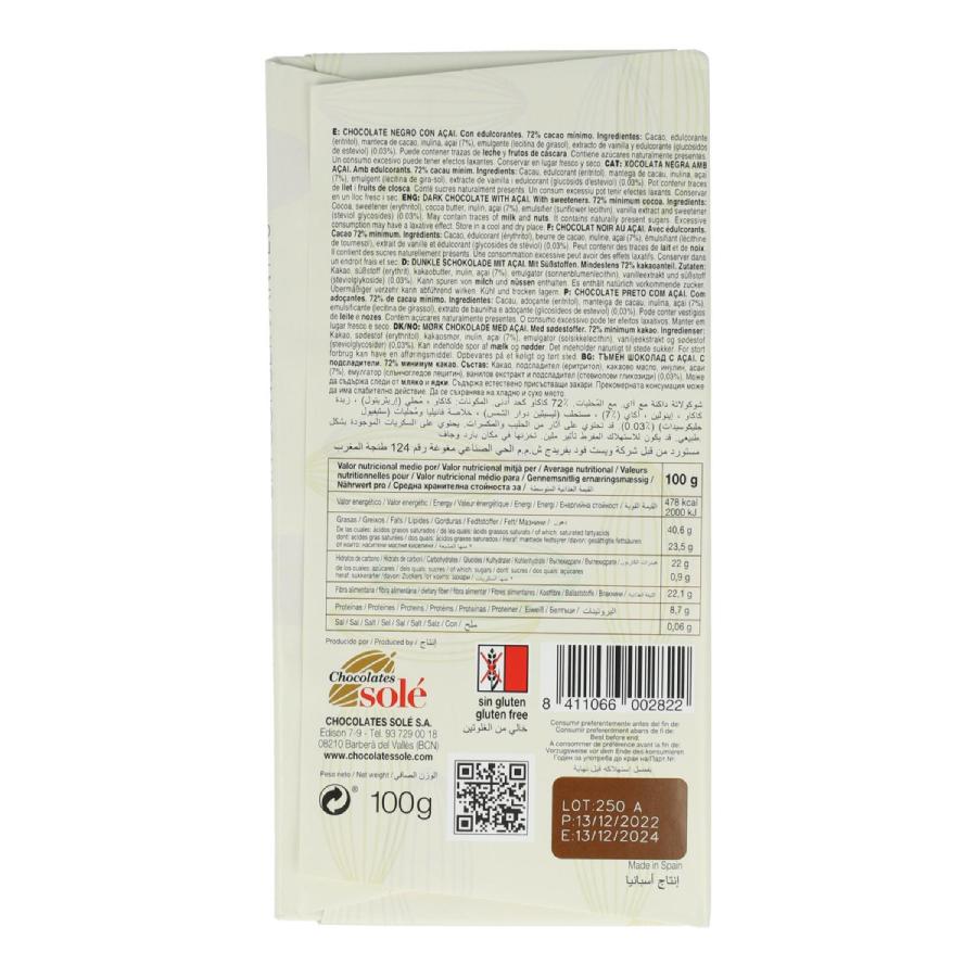 Schokoriegel 72 % Stevia Açai Bitter 100 g Solé