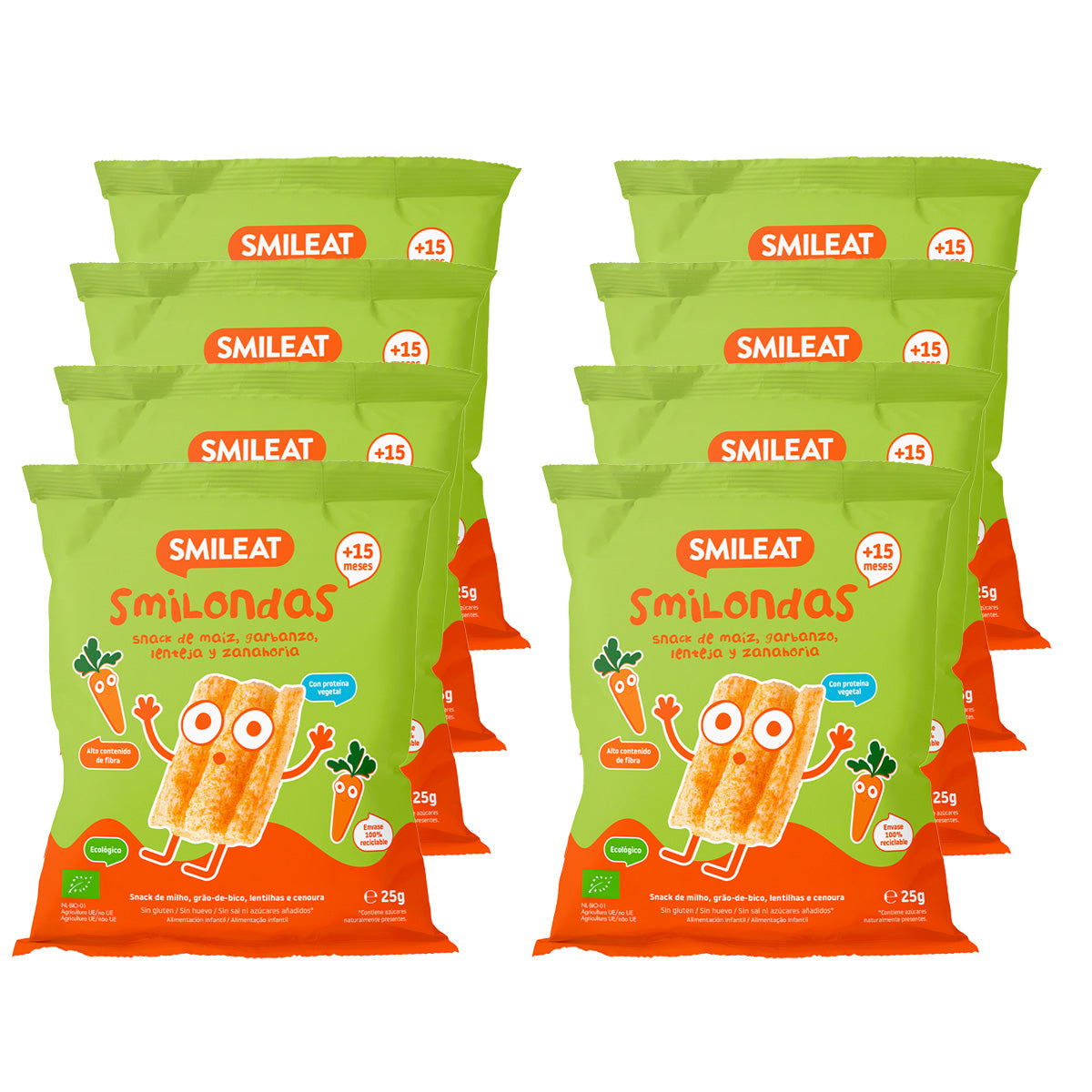 Pack 8x Smilondas Snack de Maiz, garbanzo, lenteja y Zanahoria Eco, Smileat, 25 g