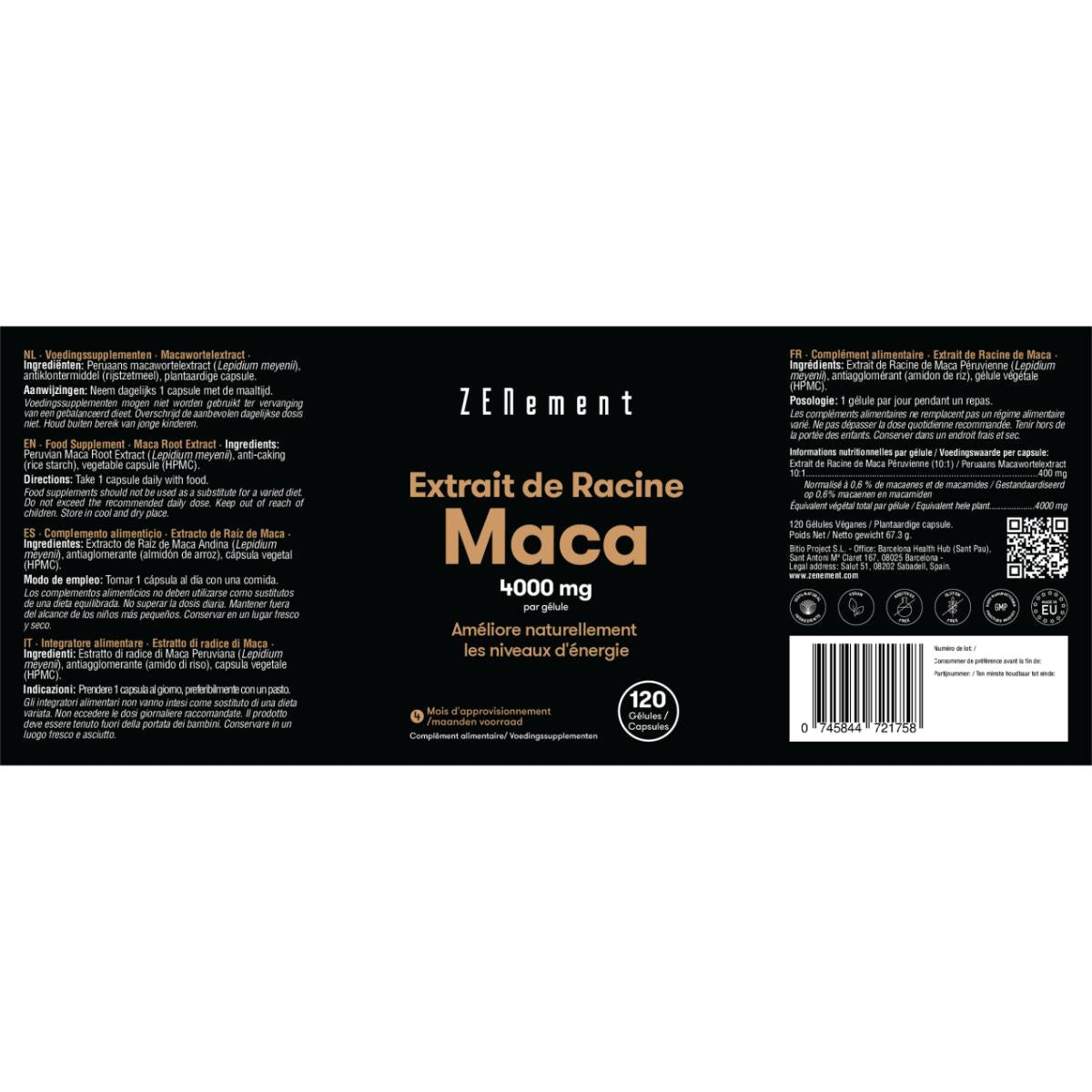 Wyciąg z korzenia Maca 4000 mg, wysoko skoncentrowany 10:1 Zenement, 120 tabletek