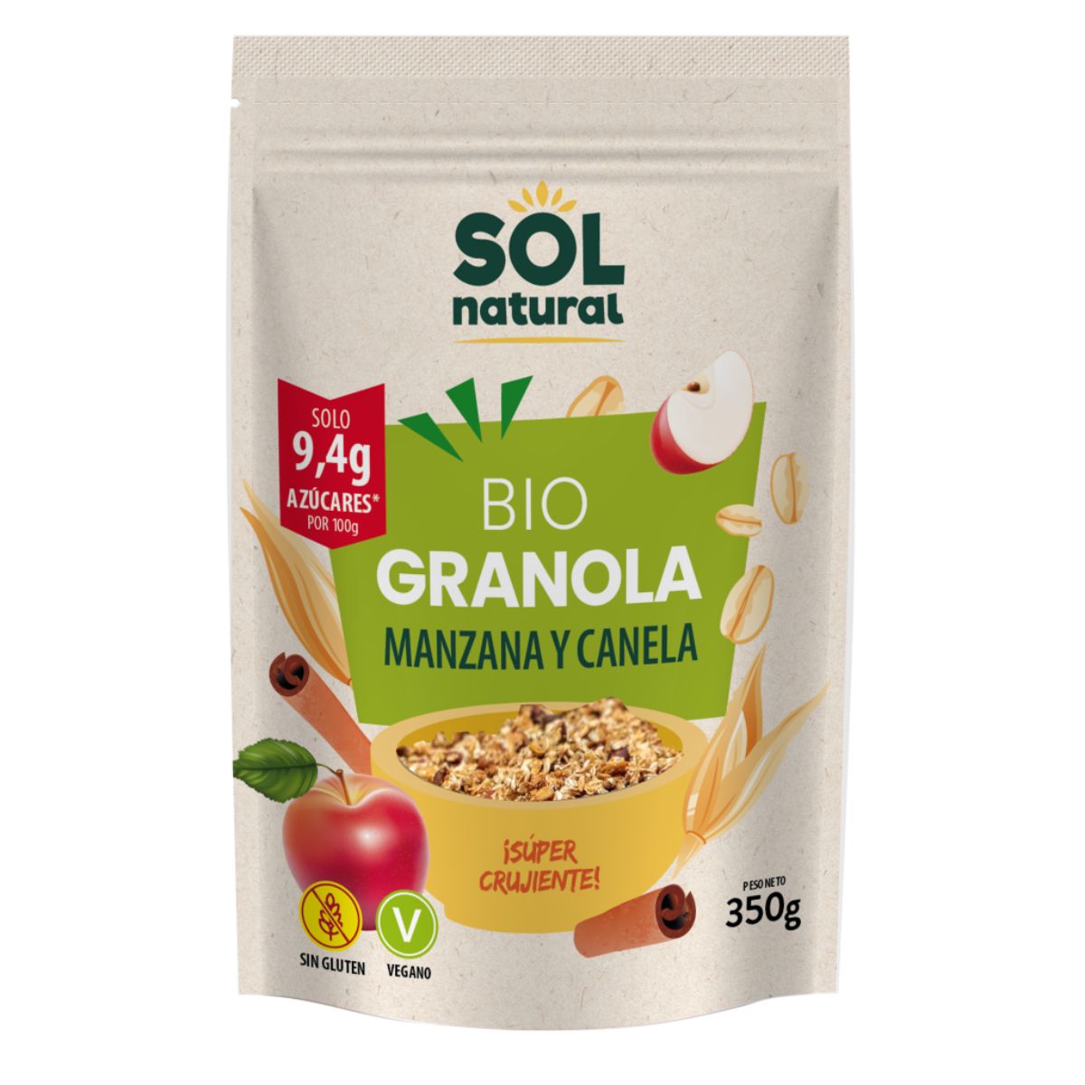 Glutenfri havregranola med äpple och kanel, ekologisk, Sol Natural, 350 g