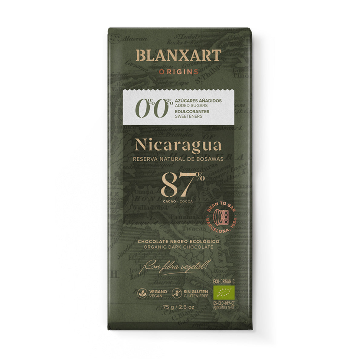 Schokolade Nicaragua 87 % ohne Zucker und ohne Süßungsmittel, vegan, glutenfrei, Blanxart 75 g