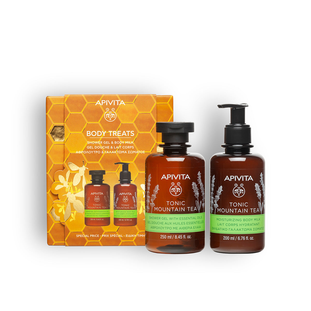 Kerstpakket tonic mountain tea gel + bodylotion 200 ml, Apivita