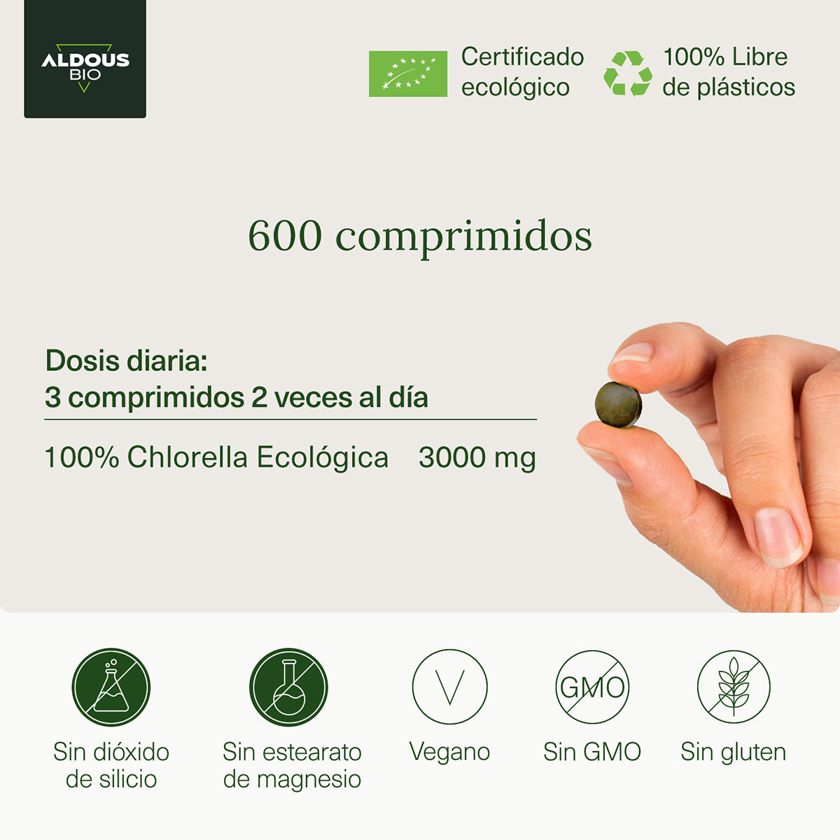 Ökologische Premium-Chlorella, Aldous Bio, 600 Tabletten