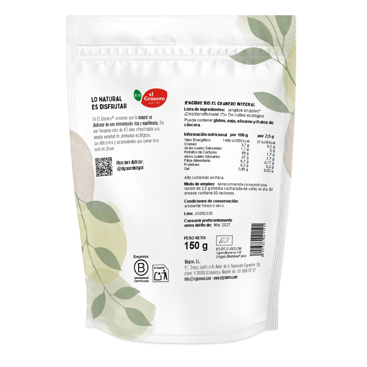 El Granero Organic Ginger, 150 g