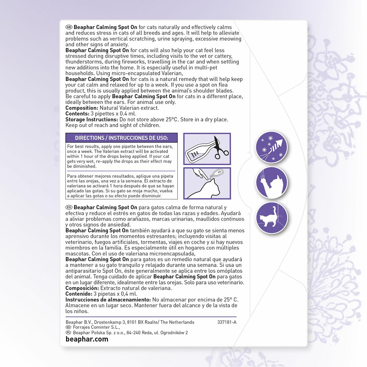 Beaphar Calming Spot On Soothing Pipettes for Cats 3x0.4 ml