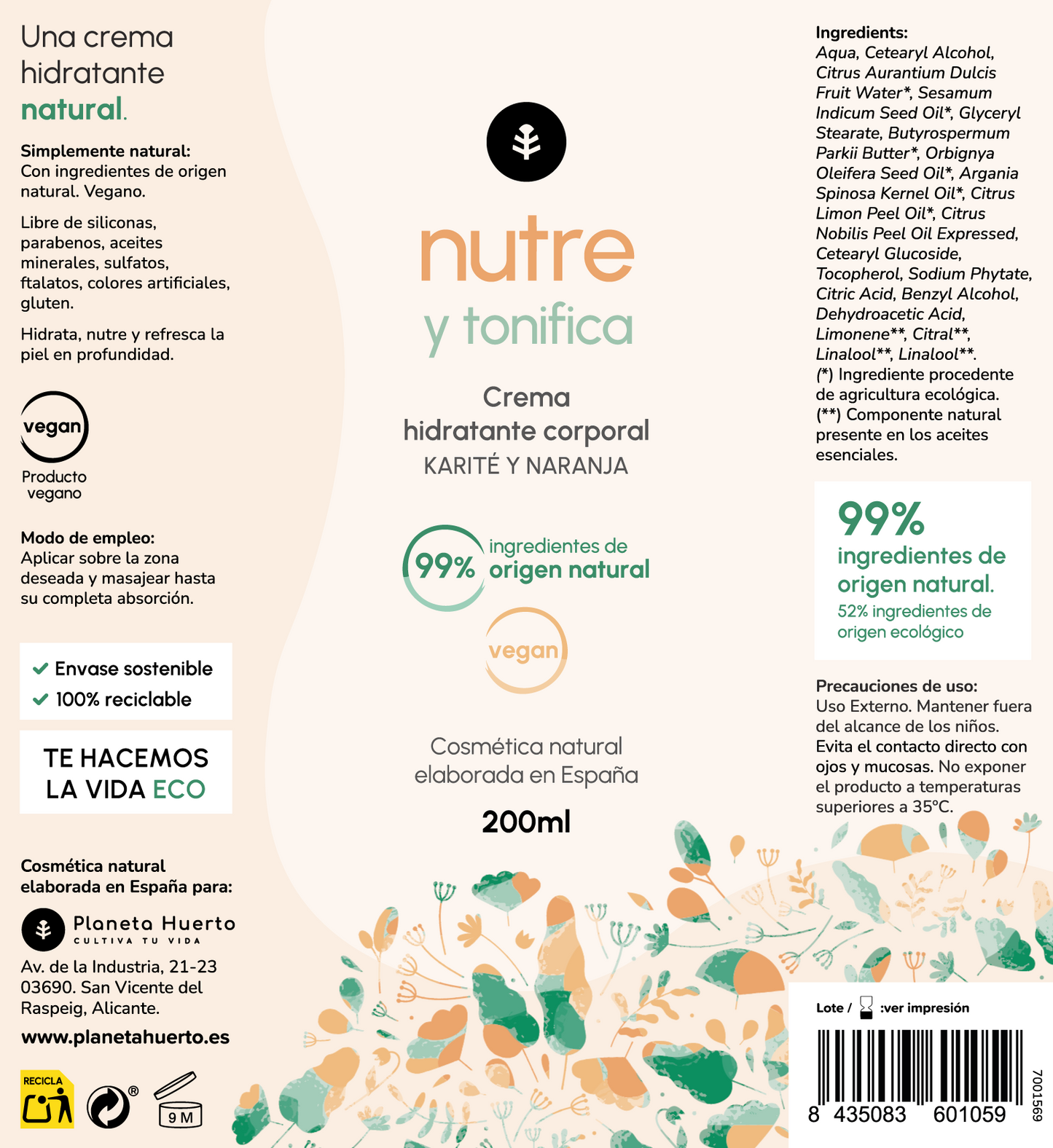 Crème hydratante pour le corps au beurre de karité et à l'orange Planeta Huerto 200 ml