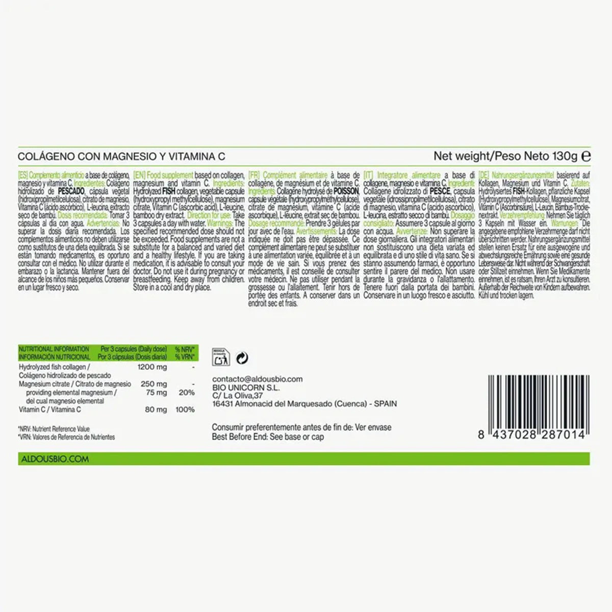 Reines hydrolysiertes Kollagen mit Magnesium und Vitamin C von Aldous, 200 Kapseln