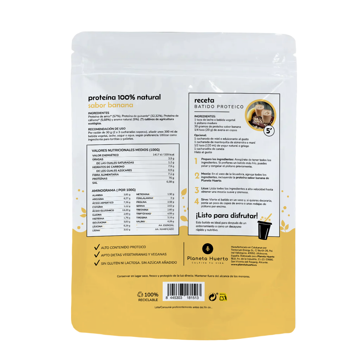 Vegetable protein ECO 76% Banana Planeta Huerto 500 g