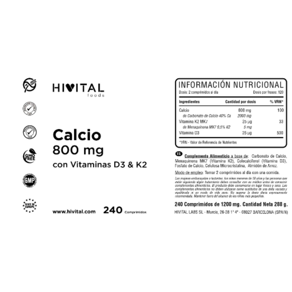 Calcio 800 mg con vitamina D3 e K2 240 compresse Hivital