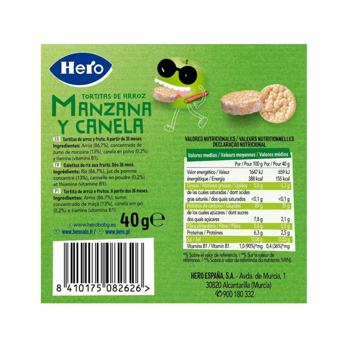Confezione da 7 tortine di riso, mela e cannella senza glutine 40 g - Hero/Kids
