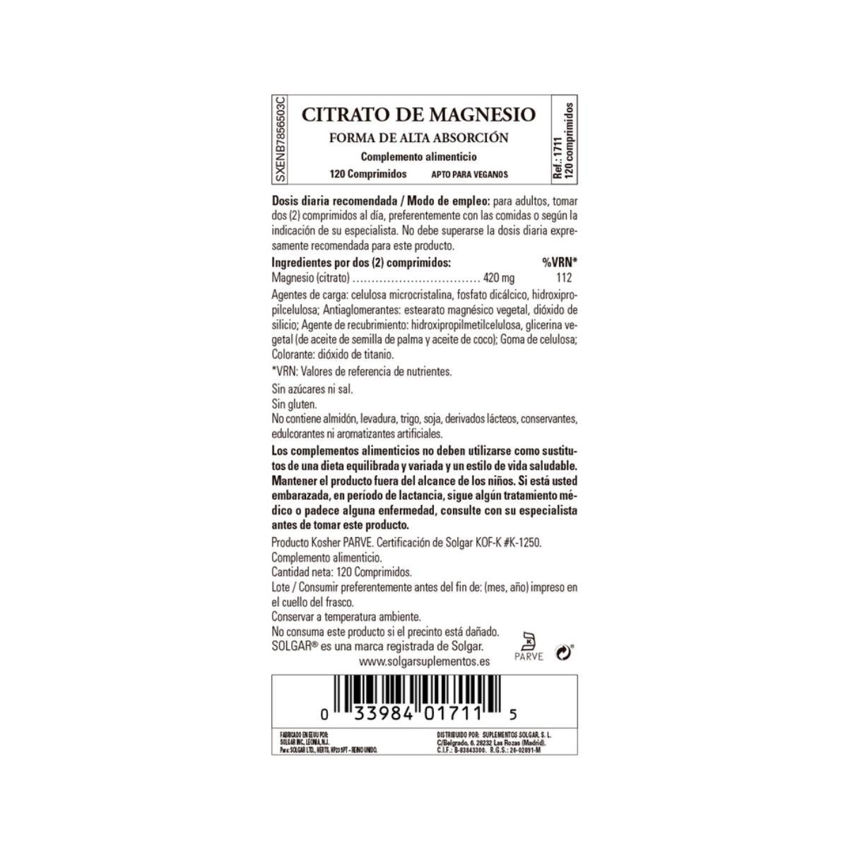Citrato di magnesio 120 compresse - Solgar