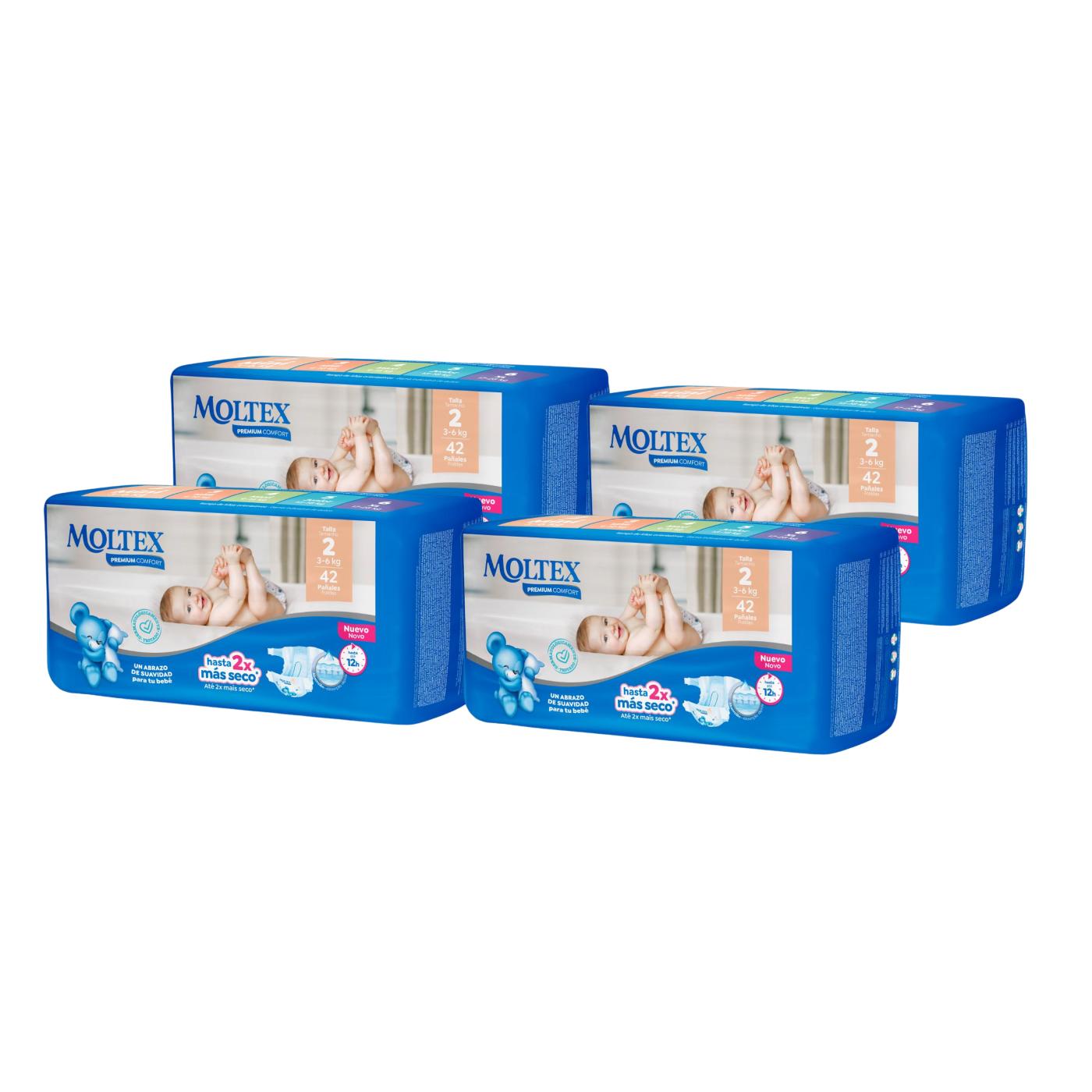 Pack of 4 x Moltex Premium Comfort Nappies T2 (3-6 kg) 42 units