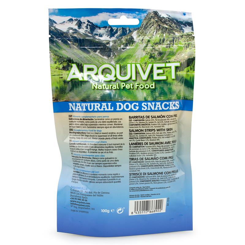 Snack naturel pour chiens Barres de saumon avec peau Arquivet 100 g