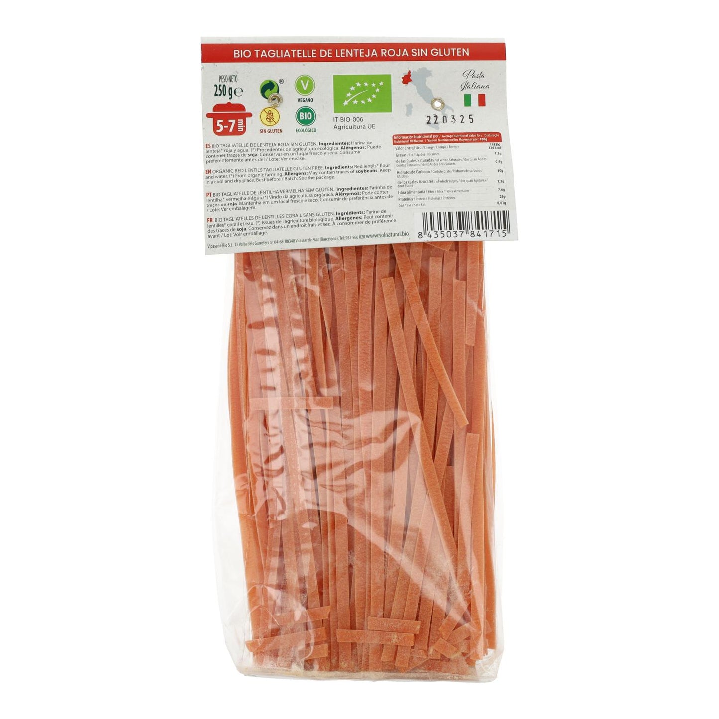 Bio-Tagliatelle aus roten Linsen, glutenfrei, Sol Natural, 250 g