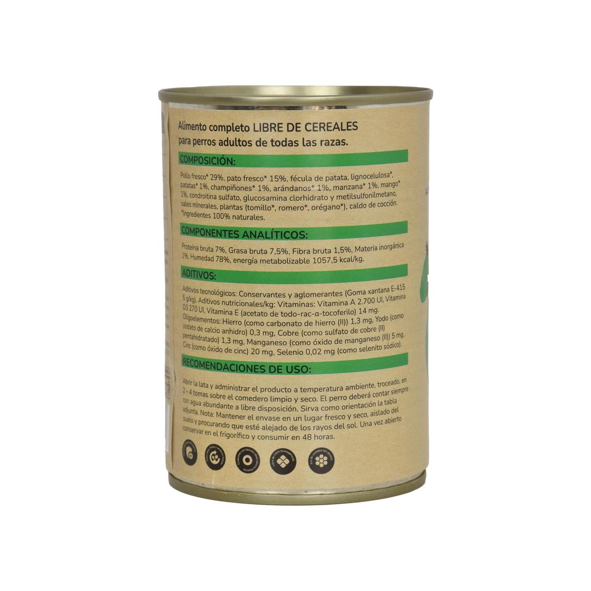 Packung 6 x getreidefreies Superpremium-Hundenassfutter Huhn & Ente 380 g Planeta Huerto