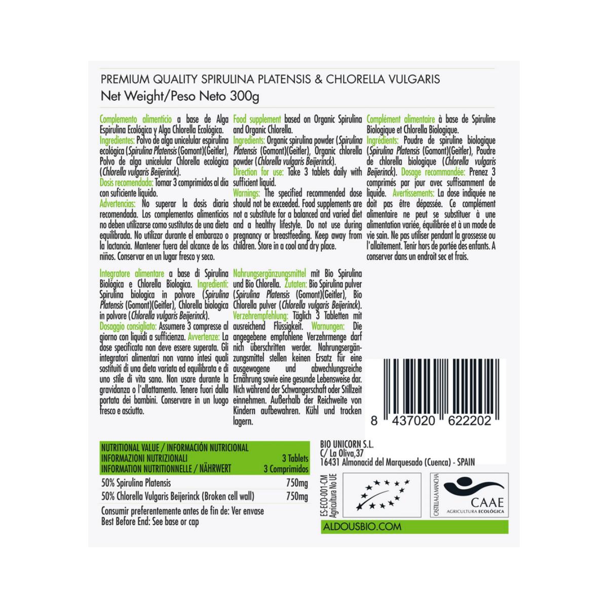 Mélange de spiruline et de chlorelle biologique, 600 comprimés Aldous Bio