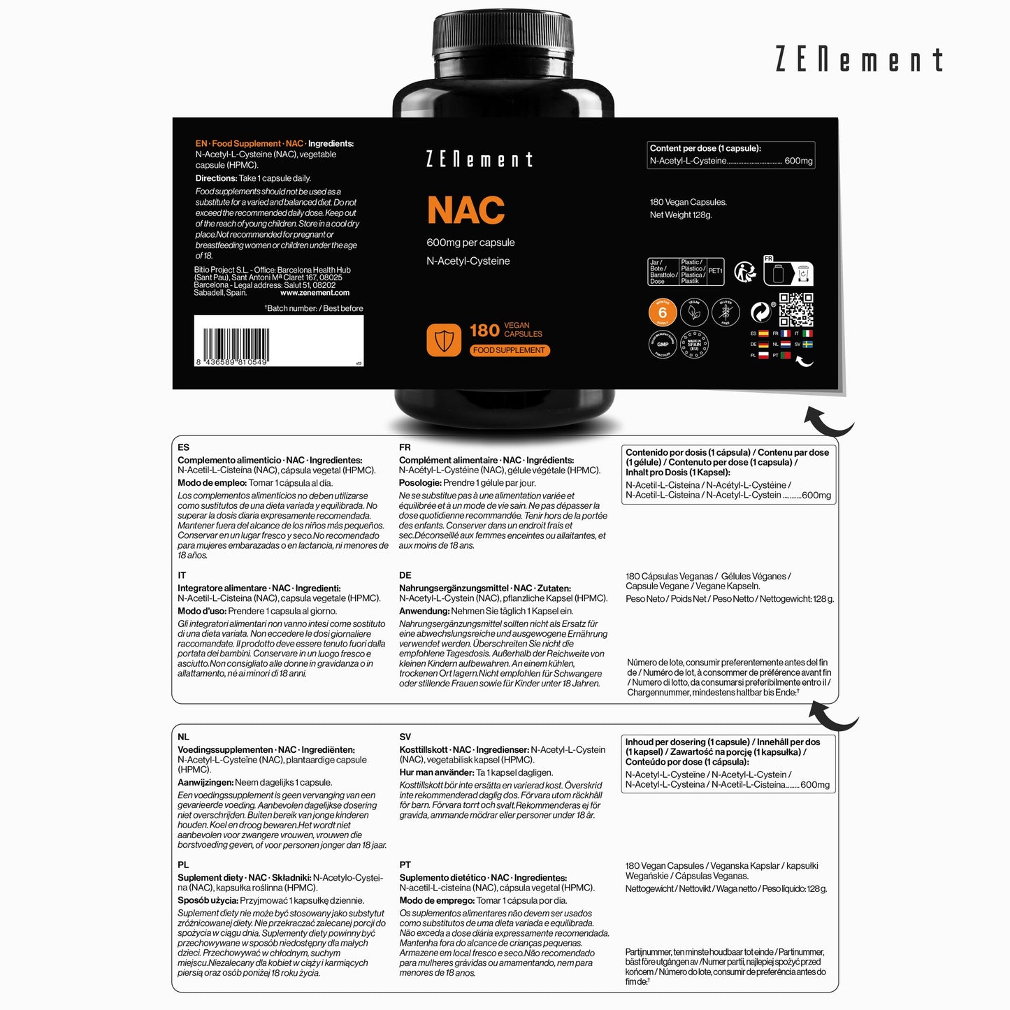 NAC N-Acetil-Cisteína, 600 mg Zenement, 180 comprimidos veganos NAC 600 mg