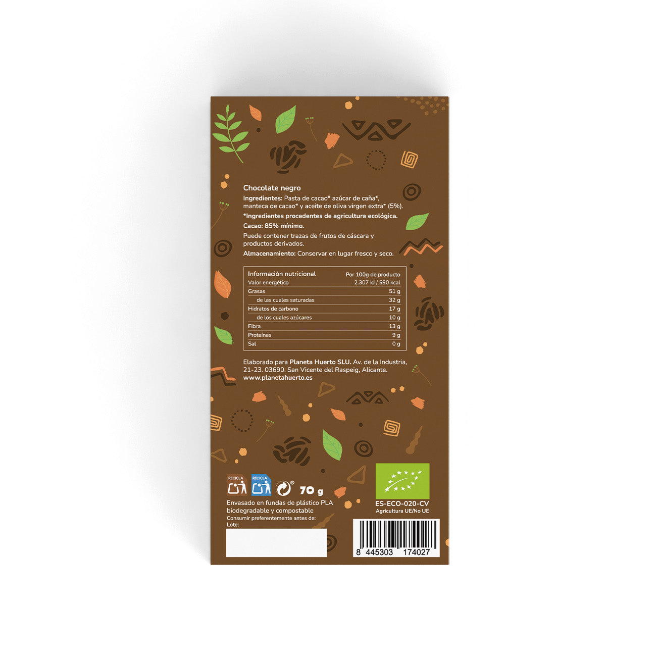 Mörk chokladkaka 85% ECO Planeta Huerto 70 g
