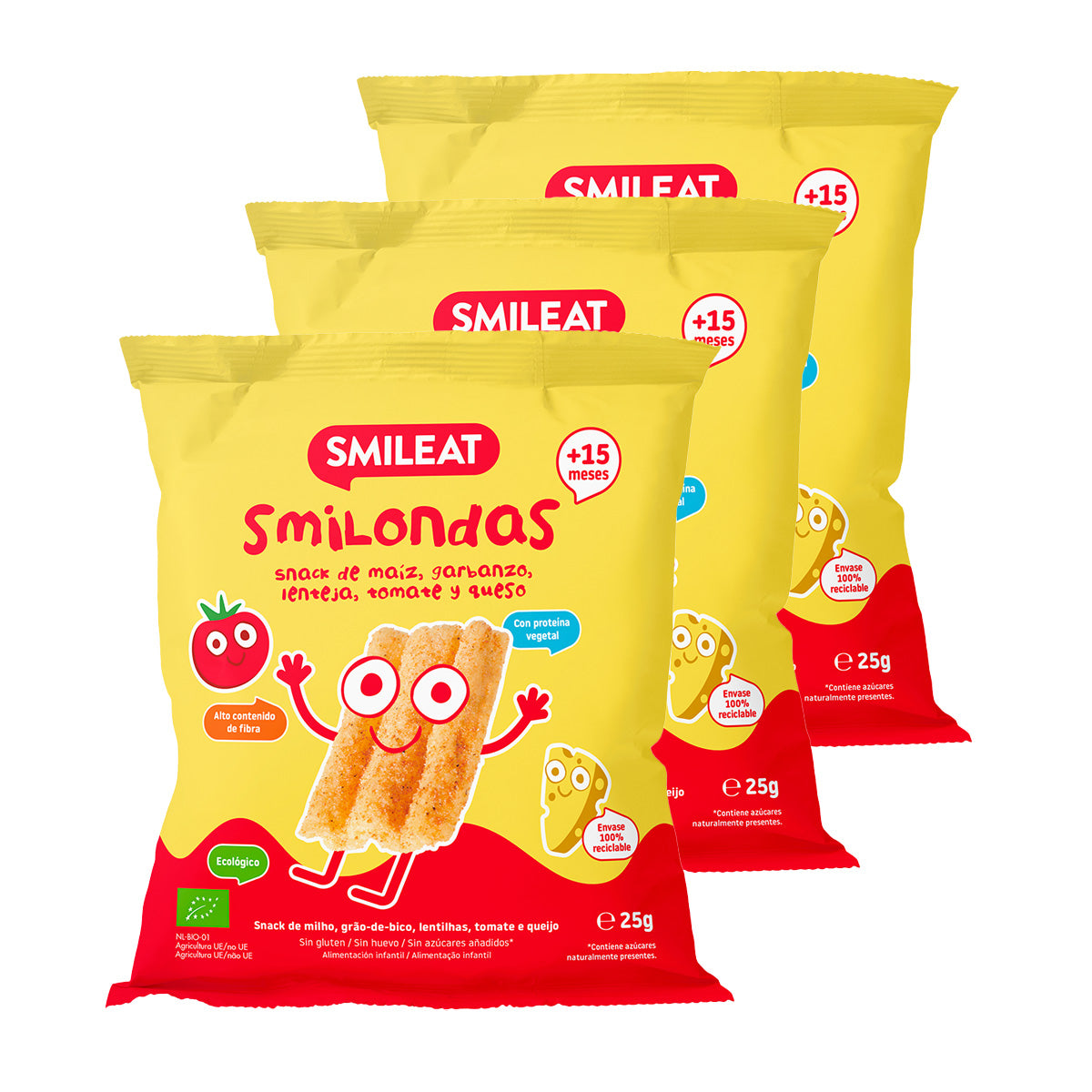 3er-Pack Smilondas Snack aus Mais, Kichererbsen, Linsen, Tomaten und Bio-Käse, Smileat, 25 g