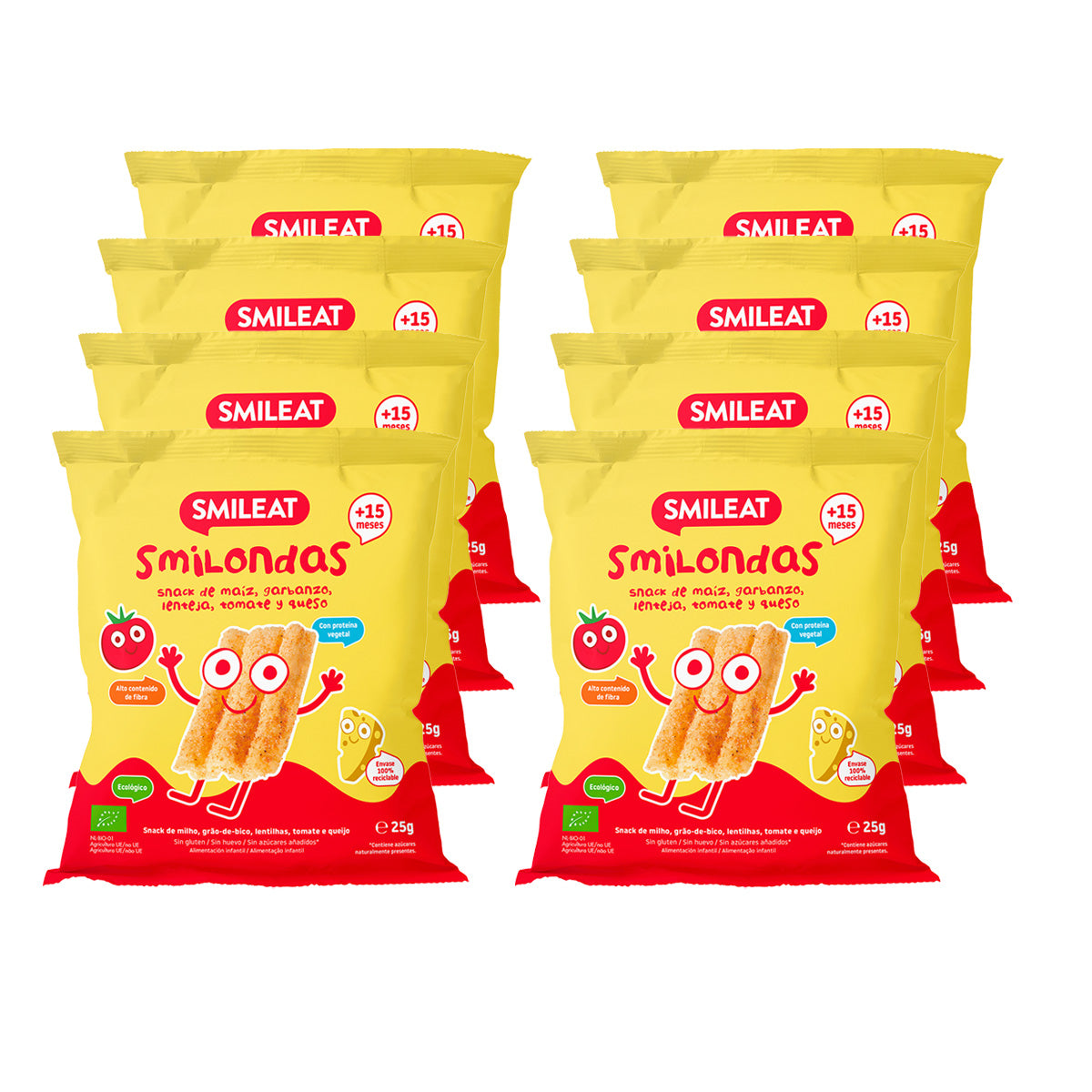 8-pack Smilondas Snack med majs, kikärter, linser, tomat och ekologisk ost, Smileat, 25 g