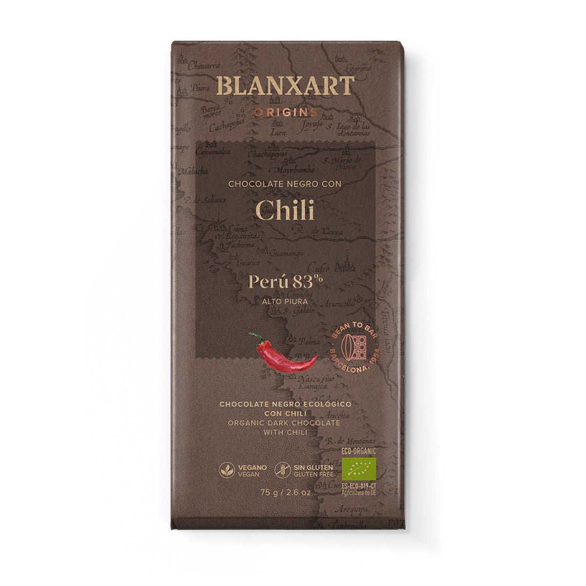 Peru 83% Chocolate with Chilli, Eco Vegan, Gluten-free, Blanxart, 75 g