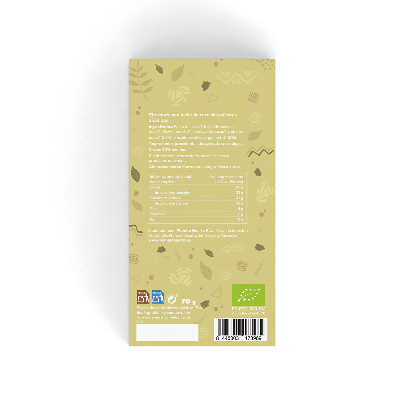 38% vegan coconut milk chocolate bar with no added sugars ECO Planeta Huerto 70 g