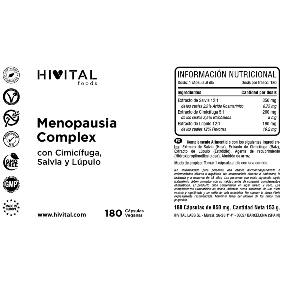 Menopause Complex Hivital 180 vegane Kapseln
