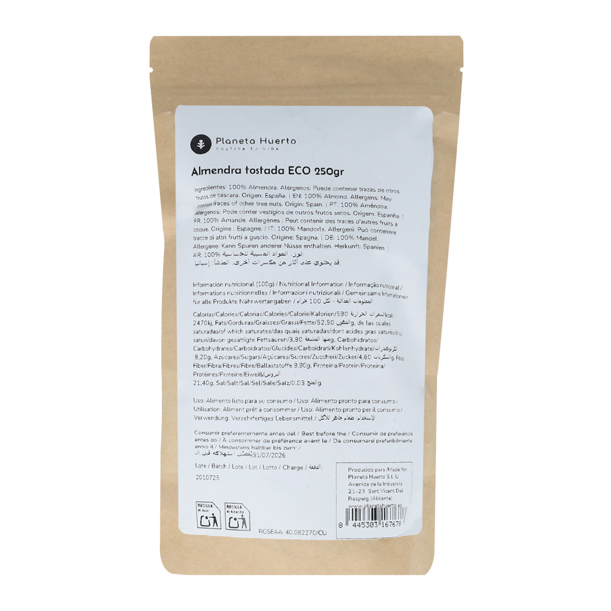 Ungesalzene geröstete Mandeln mit Haut ECO Planeta Huerto 250 g