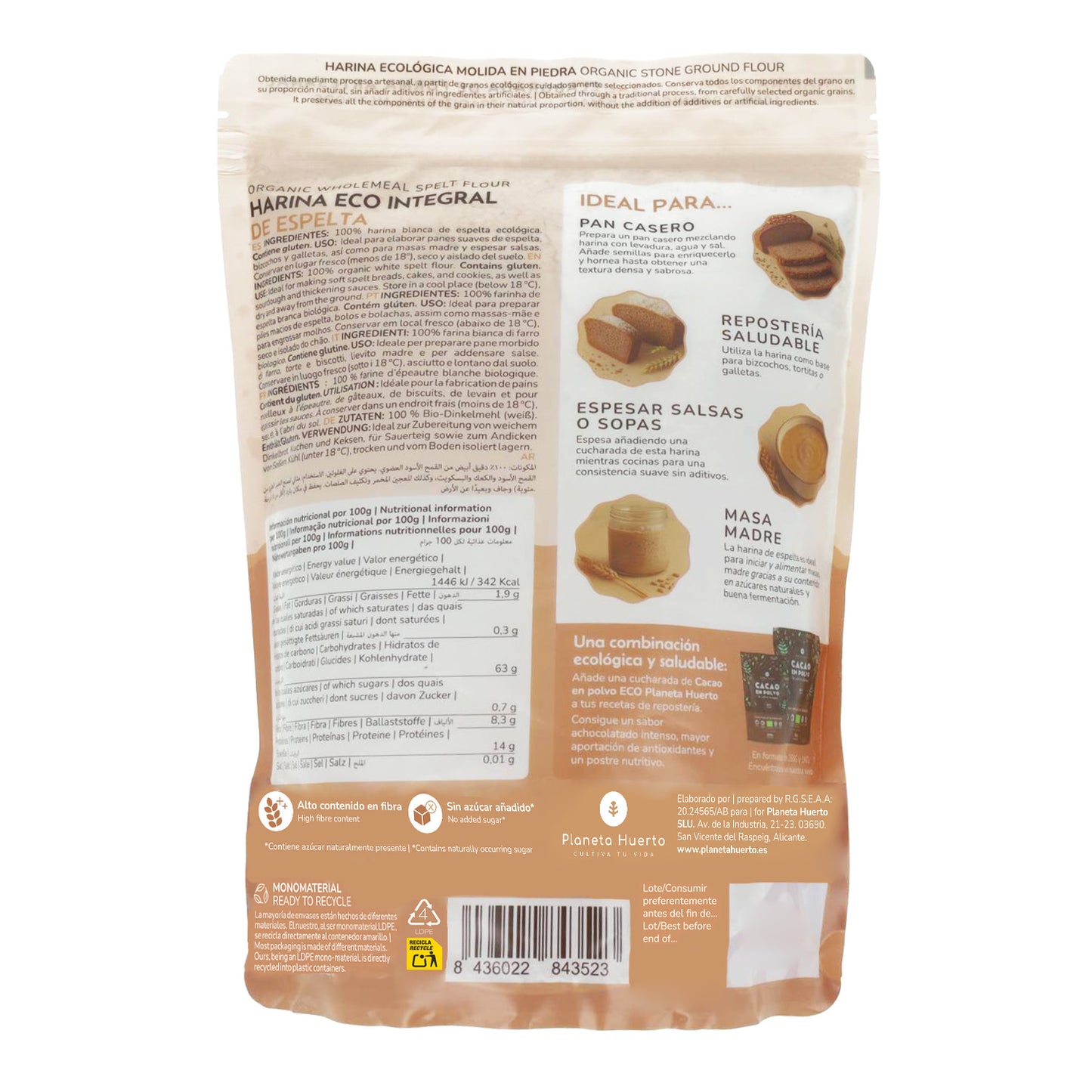 Dinkel-Vollkornmehl Eco Planeta Huerto 800 g