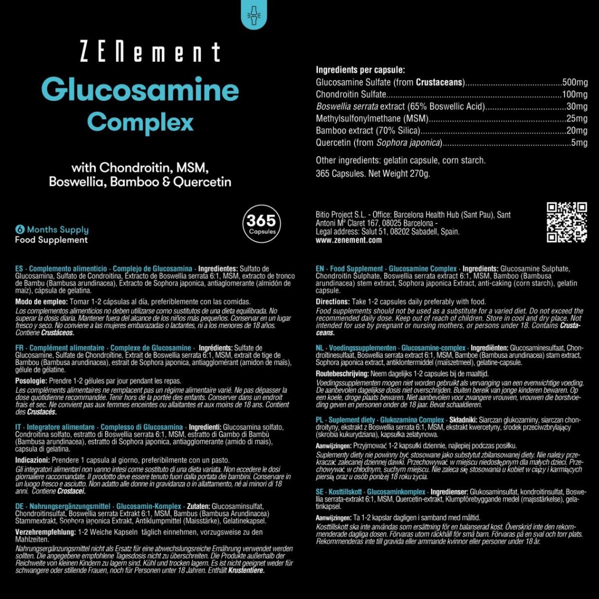 Complexe de glucosamine avec chondroïtine + MSM + boswellia + quercétine Zenemet, 365 comprimés