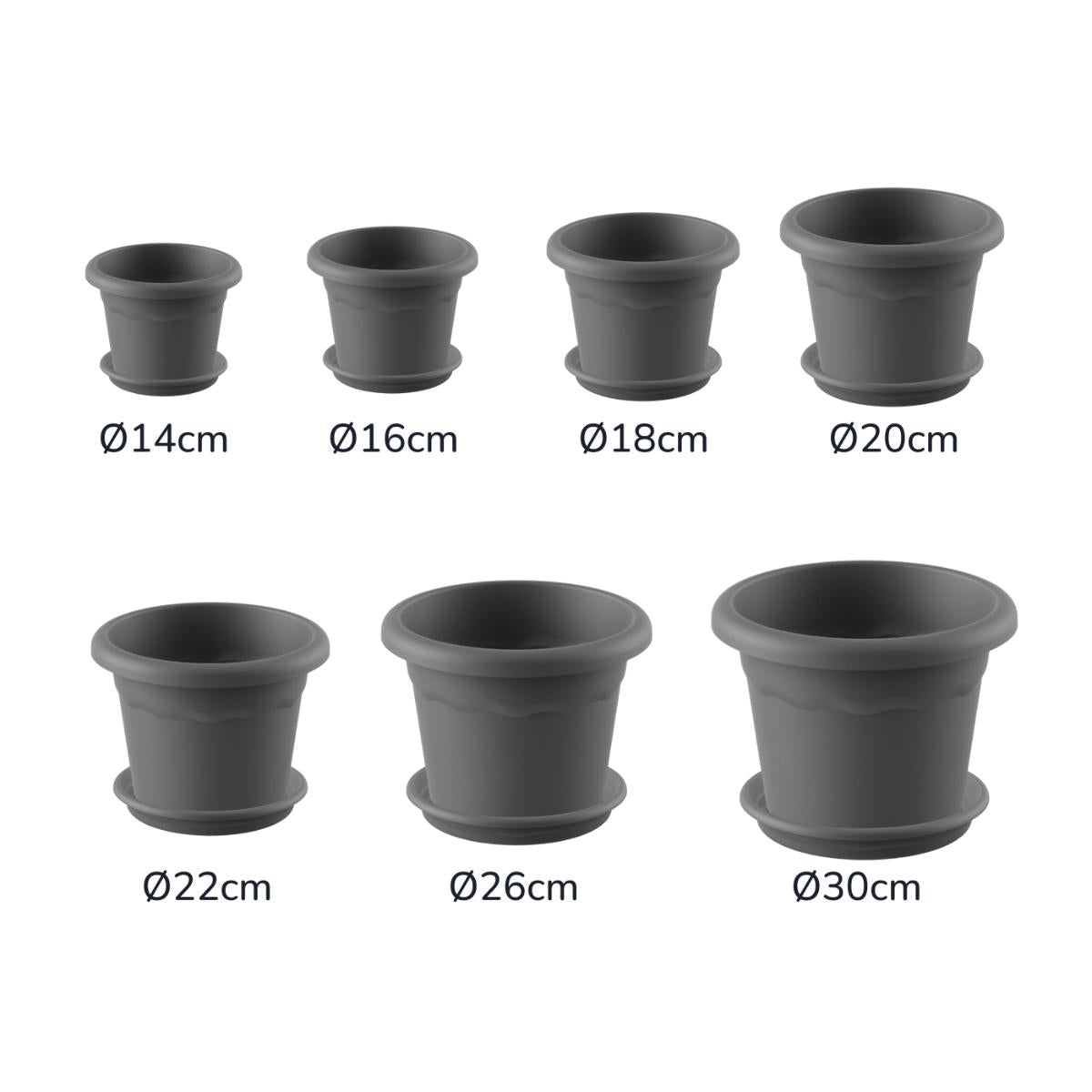 Lot de pots ronds avec soucoupes couleur anthracite Terra 26 x 19 cm