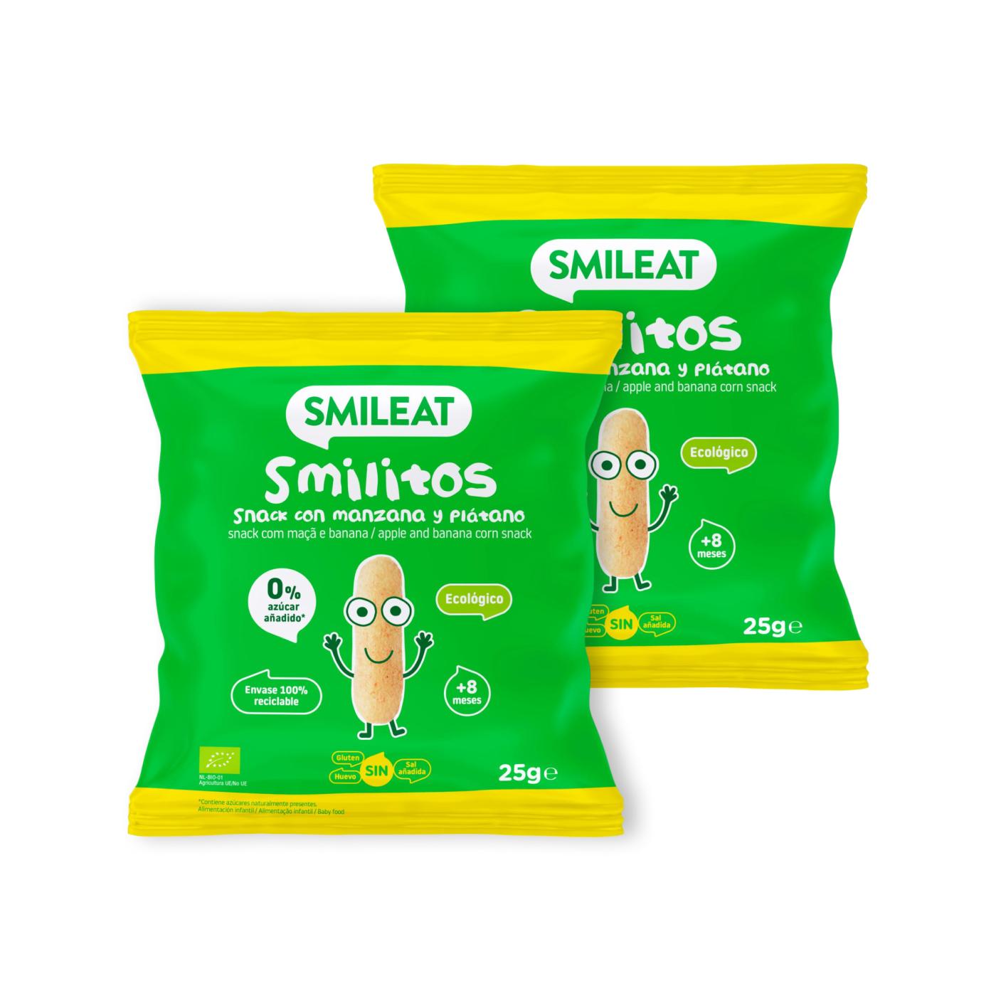 Pakket 2x Smilitos, appel- en bananenwormpjes 25 g snack Smileat